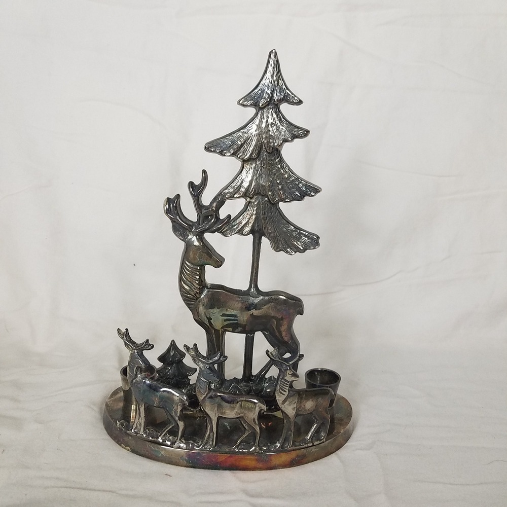 International Silver Co Reindeer Candle Holder Silverplated patina Woodland